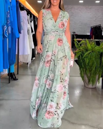 Venesa™ - Elegantes ärmelloses V-Ausschnitt Blumenmuster-Kleid