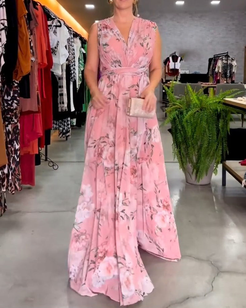 Venesa™ - Elegantes ärmelloses V-Ausschnitt Blumenmuster-Kleid
