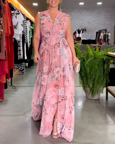 Venesa™ - Elegantes ärmelloses V-Ausschnitt Blumenmuster-Kleid
