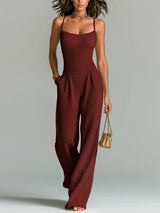 ElevenOra Stilvolles Kamel Strappy Ärmelloses Tailliertes Weites Bein Geripptes Strick-Jumpsuit in Dunkelrot