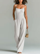 ElevenOra Stilvolles Kamel Strappy Ärmelloses Tailliertes Weites Bein Geripptes Strick-Jumpsuit in Weiß
