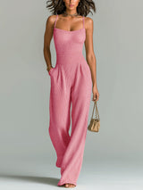 ElevenOra Stilvolles Kamel Strappy Ärmelloses Tailliertes Weites Bein Geripptes Strick-Jumpsuit in Rosa