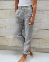 Leinenhose mit elastischem Bund und Kordelzug für Damen - Helga in Grau