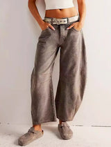 Gabriela | Damen Bedruckte Jeans mit Weitem Bein in Kamelbraun