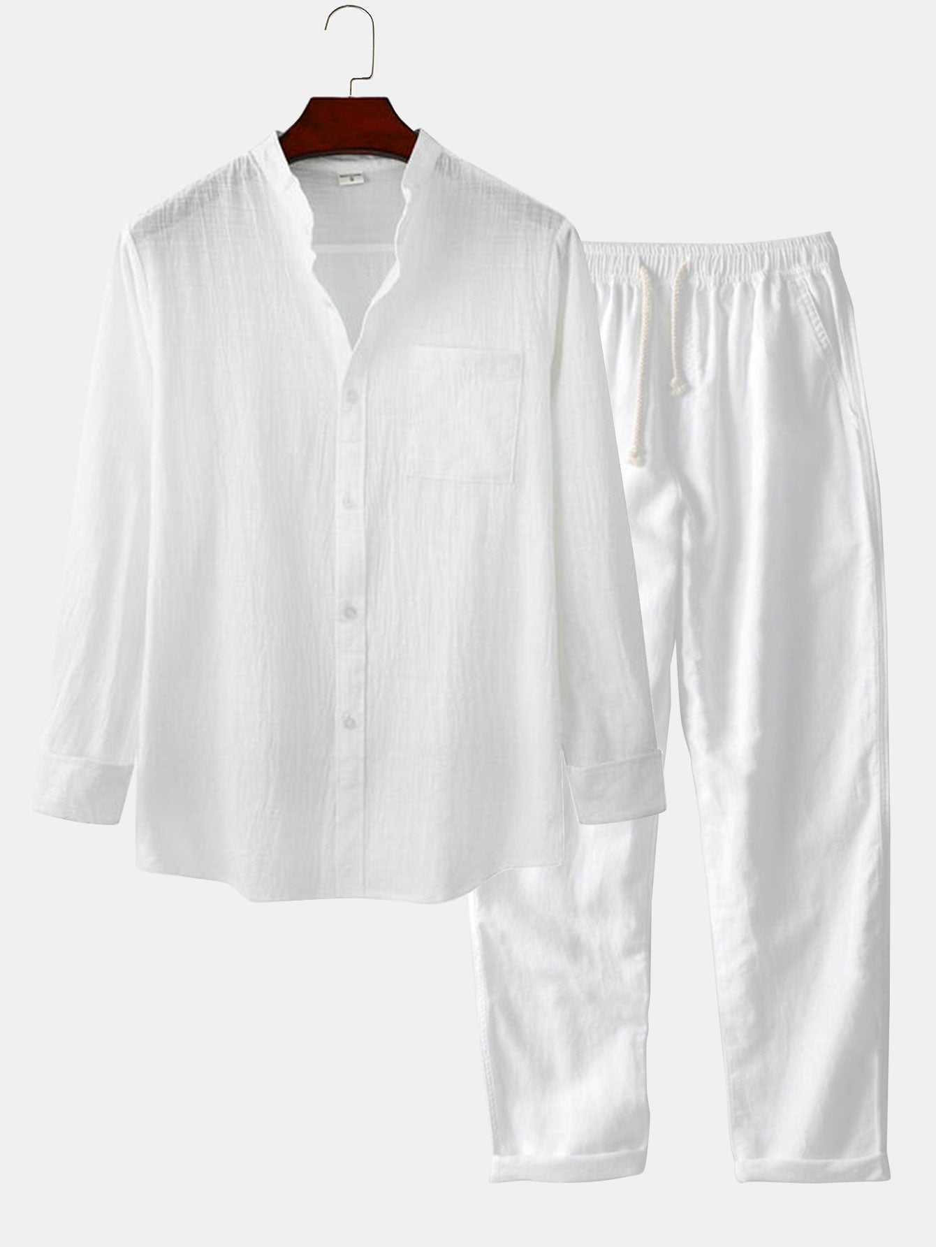 Langärmeliges Hemd mit Stehkragen in Leinenoptik und Leinenhose mit geradem Bein