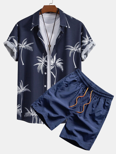 Shirt mit Knopfverschluss und Badeshorts mit Palmenmuster