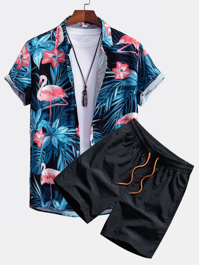 Shirt mit Flamingo-Knopfleiste und Badeanzug mit tropischem Muster