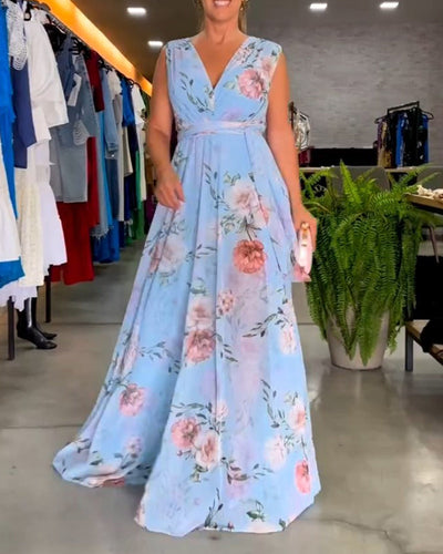 Venesa™ - Elegantes ärmelloses V-Ausschnitt Blumenmuster-Kleid