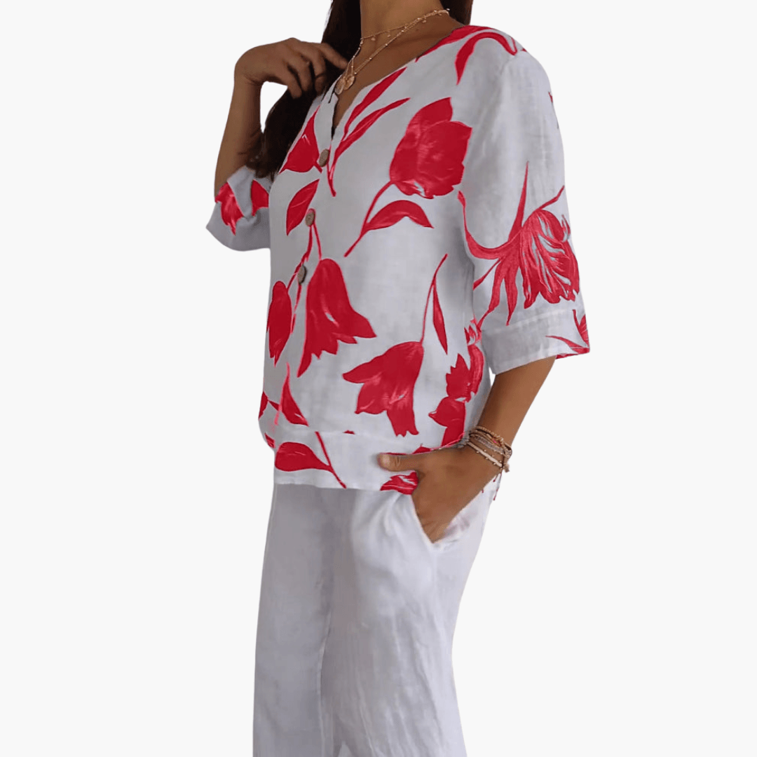 Damen Bluse mit Blumenmuster – Sommer V-Ausschnitt Top