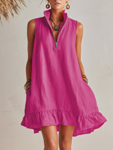 Helles Orange Leinen Halb-Reißverschluss Mini-Kleid mit Rüschensaum und Stehkragen in Magenta
