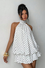 Polka Dot Halfter Minikleid mit rückenfreier Schnürung in Weiß