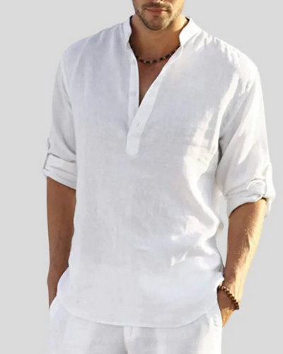 Herren Langarmhemd mit Stehkragen | Lockeres Freizeithemd mit Knöpfen