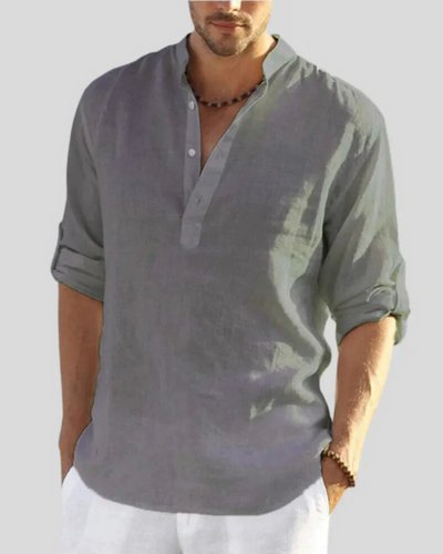 Herren Langarmhemd mit Stehkragen | Lockeres Freizeithemd mit Knöpfen