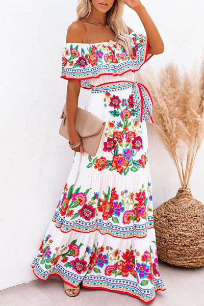Agnes – Schulterfreies Maxikleid mit Volants