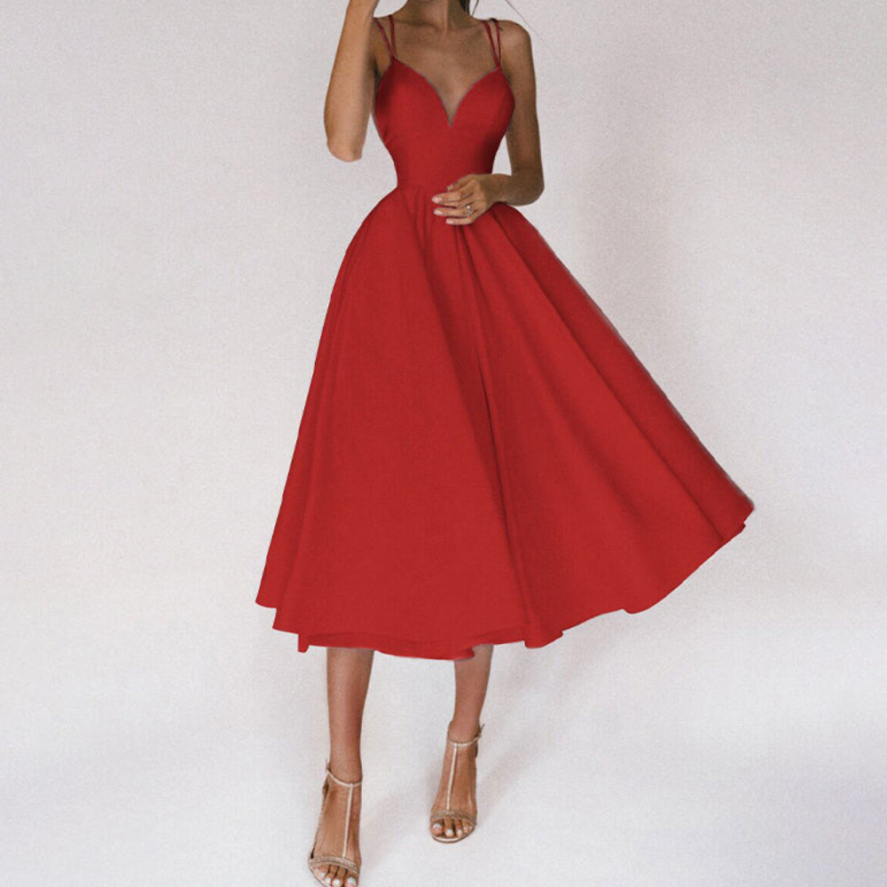 Damen Elegant Abendkleid | Cocktailkleid mit Spaghettiträgern und Herz-Ausschnitt