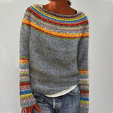 Dorothea | Damen Strickpullover mit Rundhalsausschnitt für den Alltag in Grau / Orange