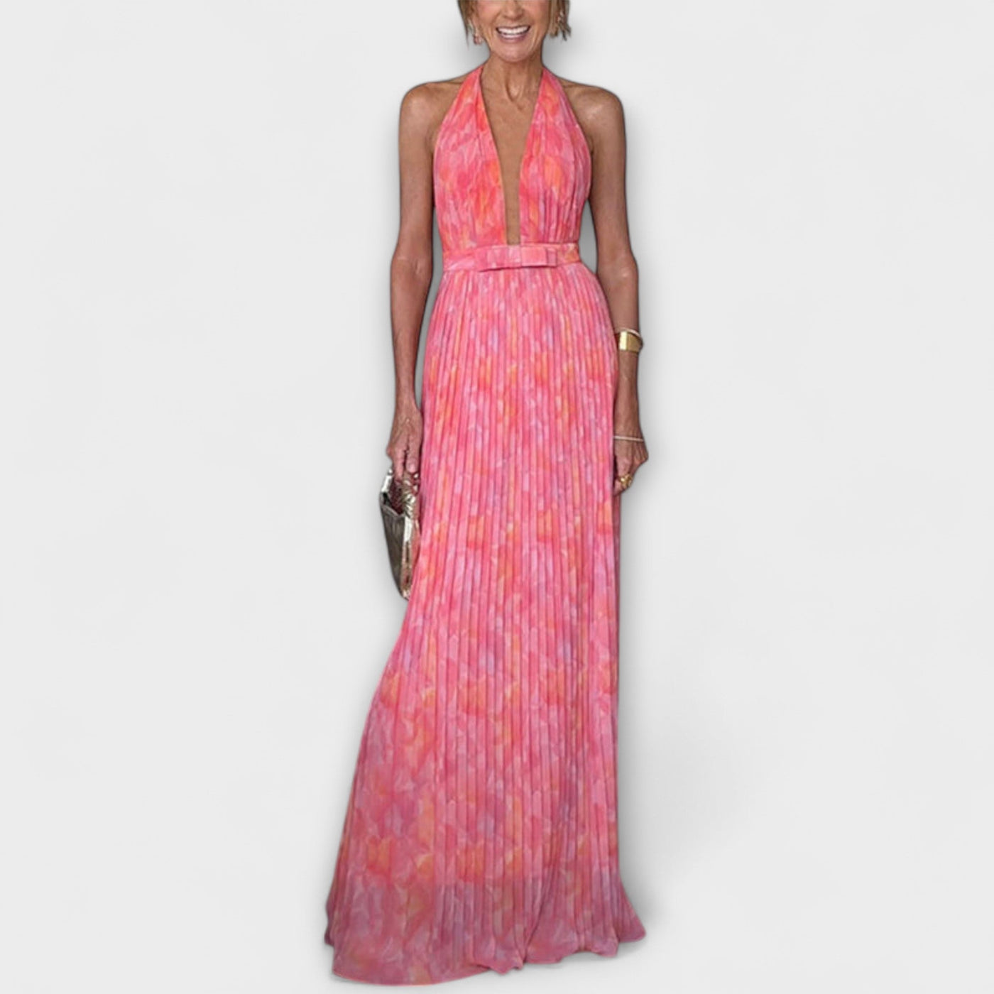 Seraphina - Elegantes Maxikleid mit Halterneck und V-Ausschnitt im Plissee-Design