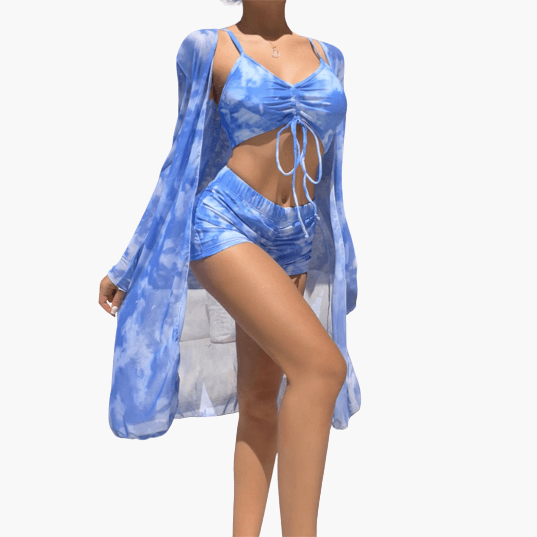 Bikini-Set mit V-Ausschnitt für Damen – Batik-Überwurf inklusive