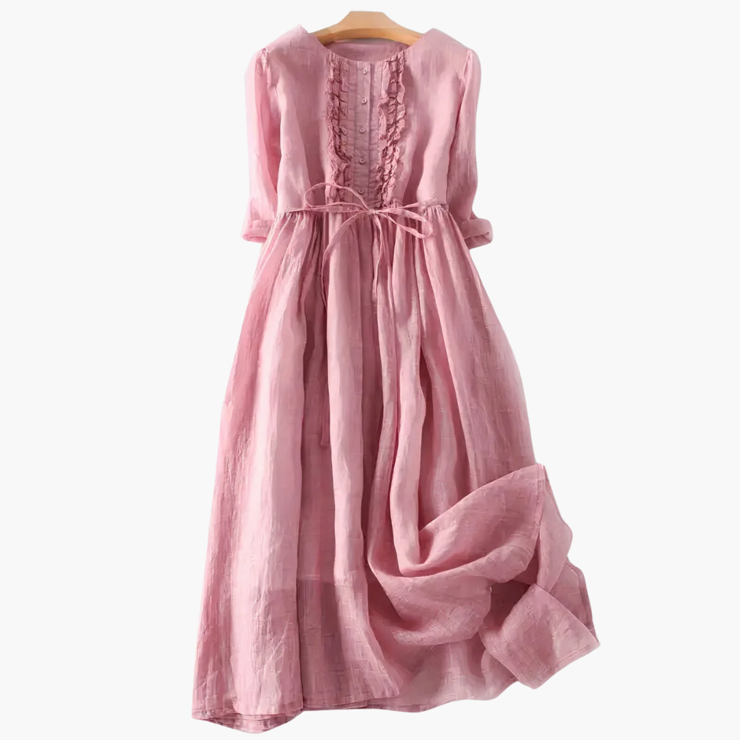 Elegantes langes Kleid für Frauen - Knopfleiste und Bindegürtel