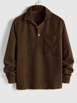 Herren Corduroy Langarmhemd mit halber Knopfleiste in Dunkles Kaffee