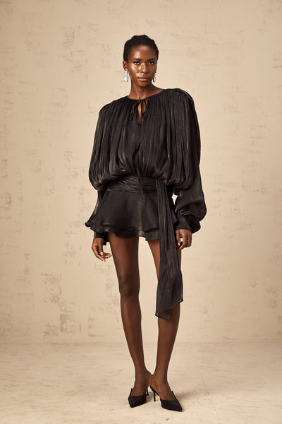 Plissiertes Minikleid mit langen Ärmeln und Bindekragen für Damen