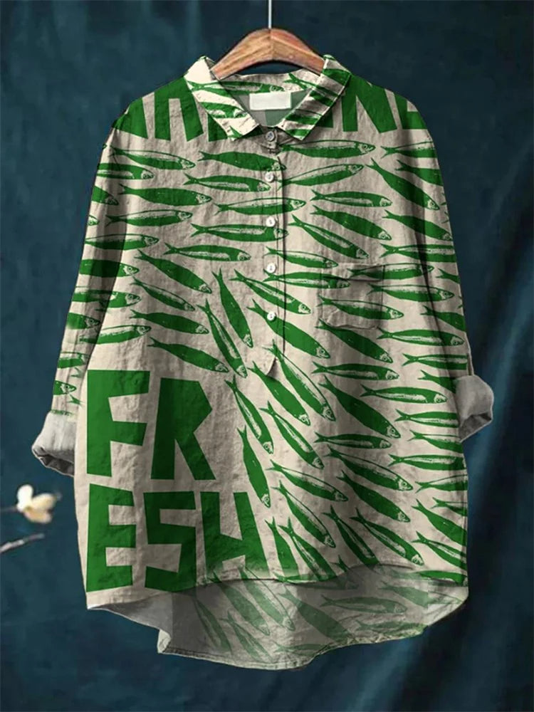 Sophia - Vintage Fisch Sardinen Kunstdruck Baumwolle Leinen Hemd