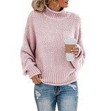 Damen nan Oversize Strickpullover mit Rollkragen, grobem Strukturstrick und Ballonärmeln Drune in Rosa