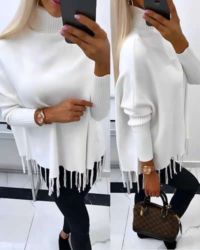 Tamsin - Eleganter Pullover mit hohem Kragen und Fransen