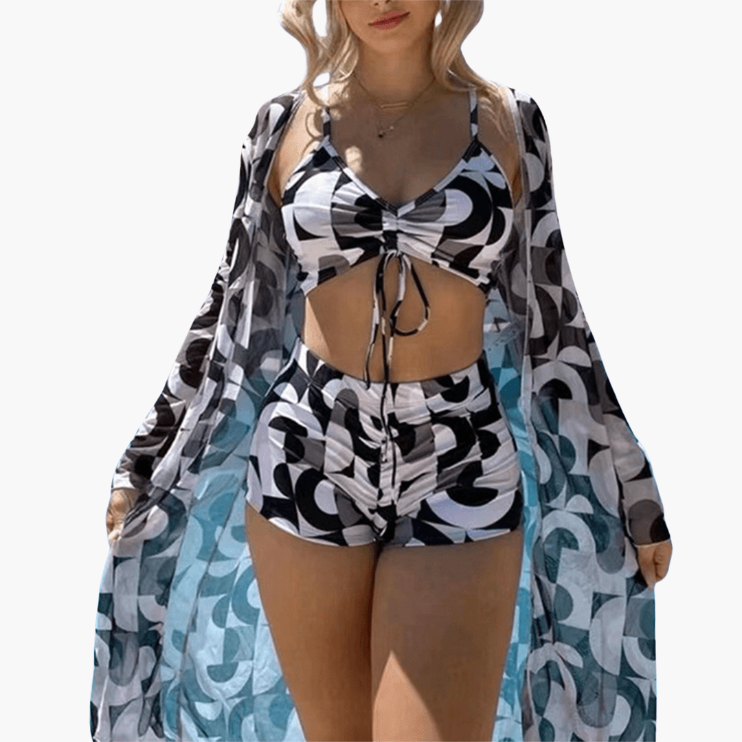 Bikini-Set mit V-Ausschnitt für Damen – Batik-Überwurf inklusive