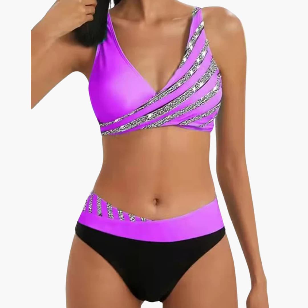 Glitzer Streifen Bikini - mit Damen High-Waist Schnitt