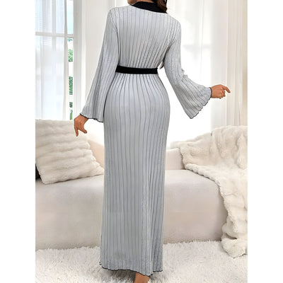 Gesine Dress - Elegantes V-Ausschnitt Langärmeliges Lounge-Kleid mit Gürtel