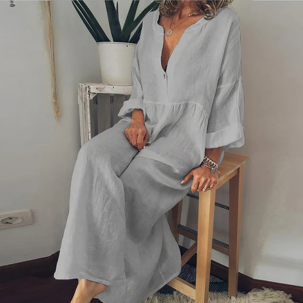 Wioletta - Leinenblusenkleid Damen Elegant