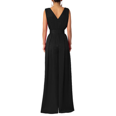 Solid Color And V-neck High Waist Wide Leg Jumpsuit