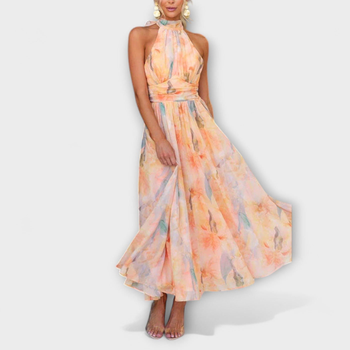 Halter Neck Aquarell Print Maxi Dress