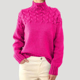 Nicole | Damen Frühlings Strickpullover mit Zopfmuster und hohem Kragen in Rosa