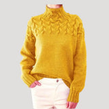 Nicole | Damen Frühlings Strickpullover mit Zopfmuster und hohem Kragen in Gelb