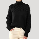 Nicole | Damen Frühlings Strickpullover mit Zopfmuster und hohem Kragen in Schwarz