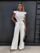 Willow | Rüschenärmel Tailliert Jumpsuit in Weiß
