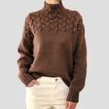 Nicole | Damen Frühlings Strickpullover mit Zopfmuster und hohem Kragen in Braun