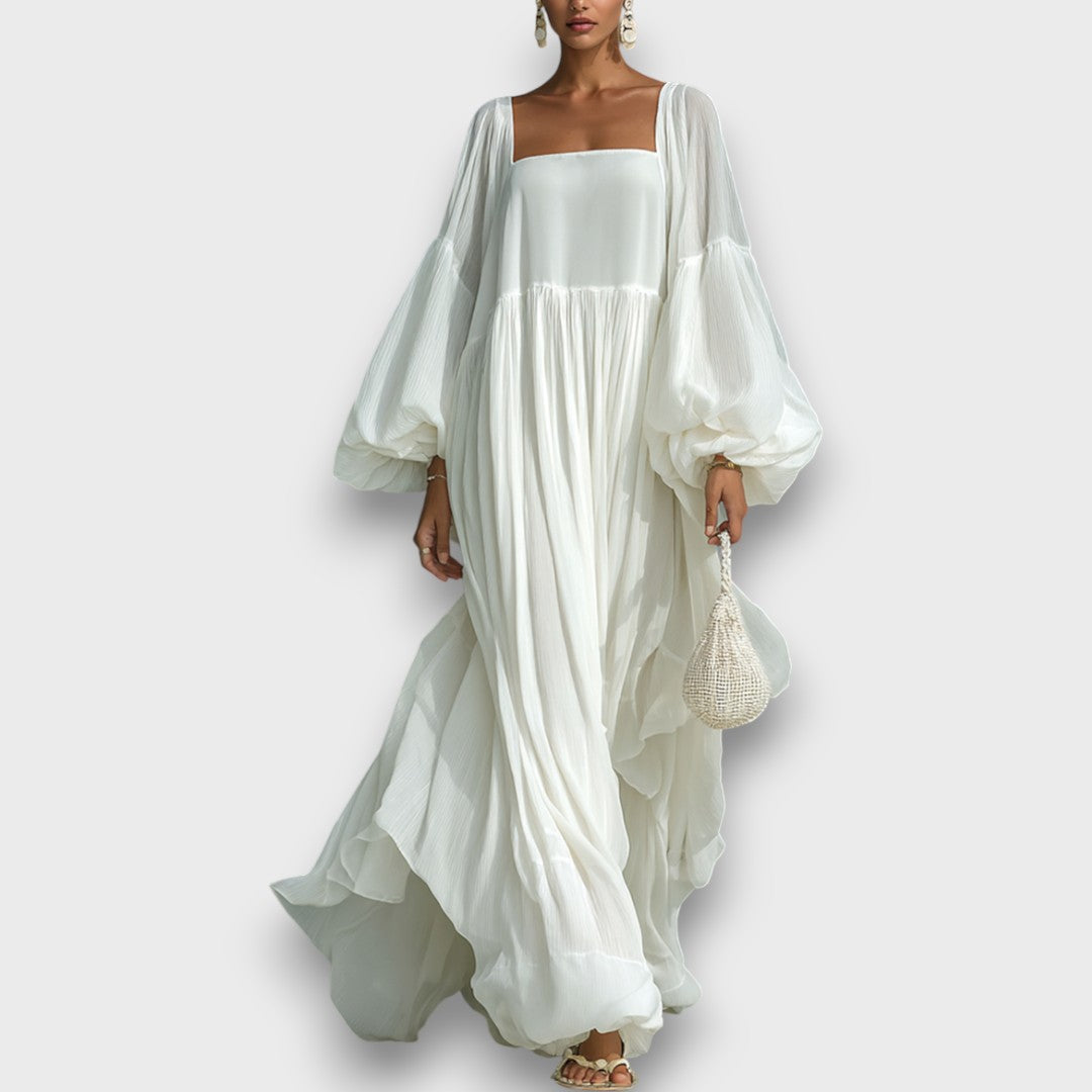 Elviera – Fließendes Maxikleid mit Falten und Ballonärmeln