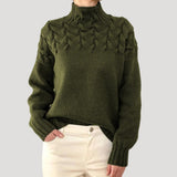 Nicole | Damen Frühlings Strickpullover mit Zopfmuster und hohem Kragen in Dunkelgrün