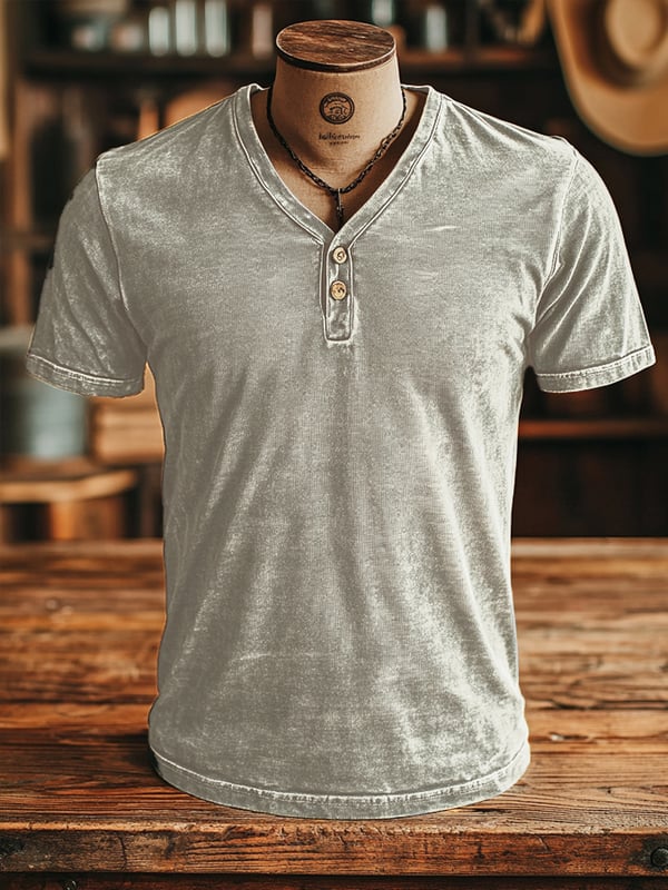 Klassisches Retro-T-Shirt für Herren mit Knopfleiste und V-Ausschnitt, 100 % Baumwolle, kurze Ärmel