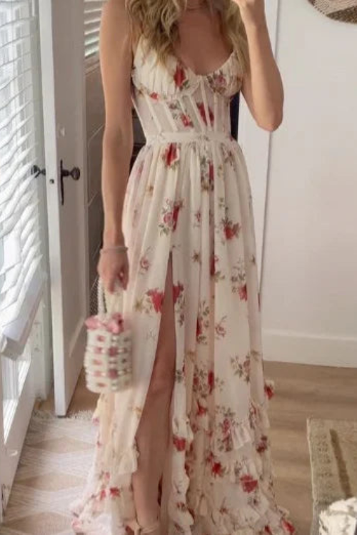 SIMGE - LANGES BLUMENKLEID MIT SCHLITZ