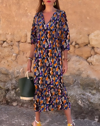 VIOLETTA | Langes V-Ausschnitt-Kleid mit Retro-Muster und elegantem Komfort für jeden Moment