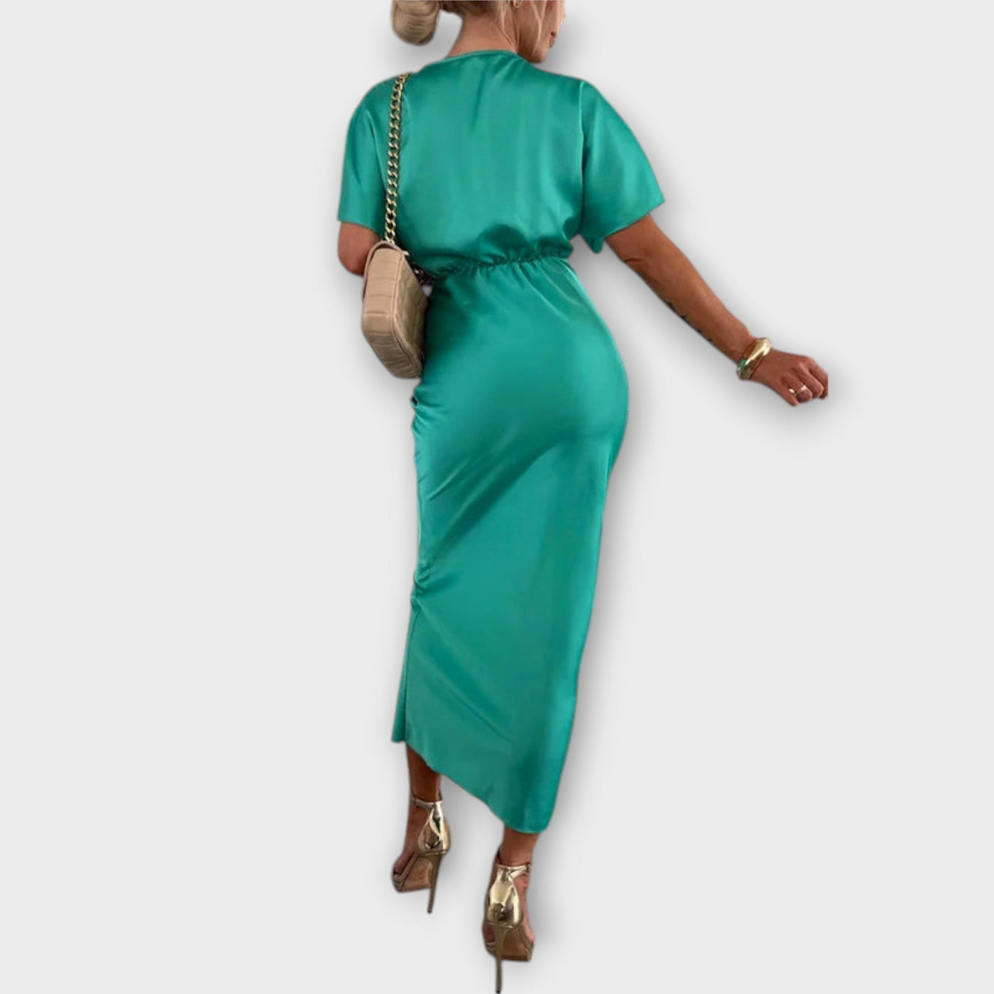 Sable - V-Ausschnitt Maxikleid mit Kreuzknoten und figurbetonter Passform aus hochwertigem Satin