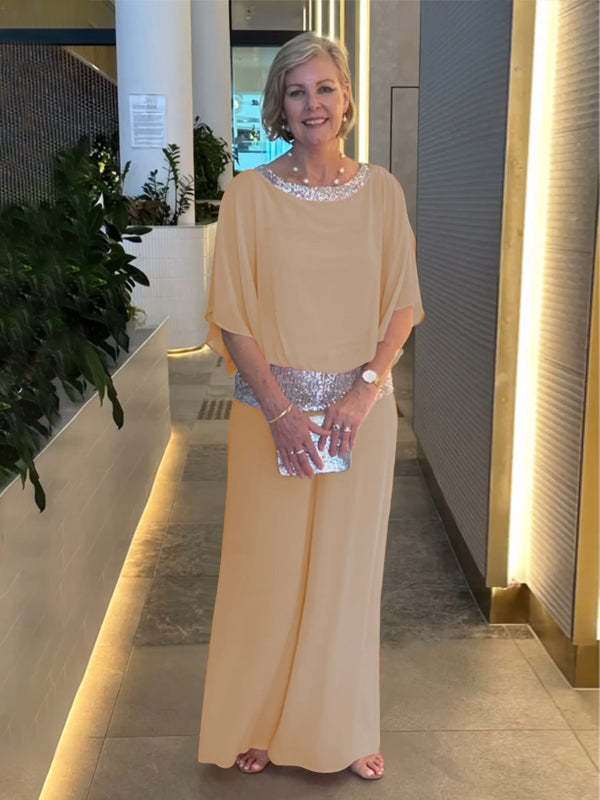 Perdita® | Maßgeschneiderte, weite Hose mit Rundhalsausschnitt und Pailletten in Colour-Block-Optik