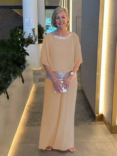 Perdita® | Maßgeschneiderte, weite Hose mit Rundhalsausschnitt und Pailletten in Colour-Block-Optik