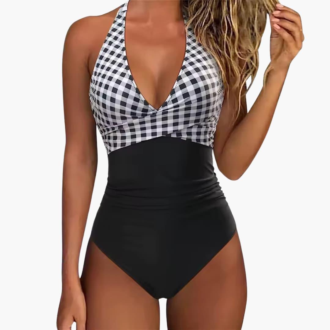 Damen Einteiler Badeanzug mit Raffung – Halter Neck