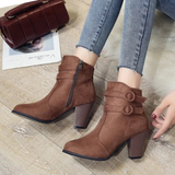 Carolin | Damen High-Heel-Stiefeletten mit Schnalle und Reißverschluss in Dunkelbraun