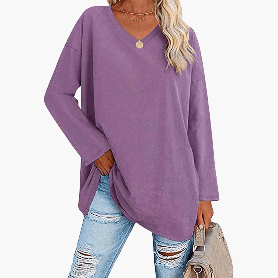 Damen oversized V-Ausschnitt Langarmshirt – Bequem & lässig